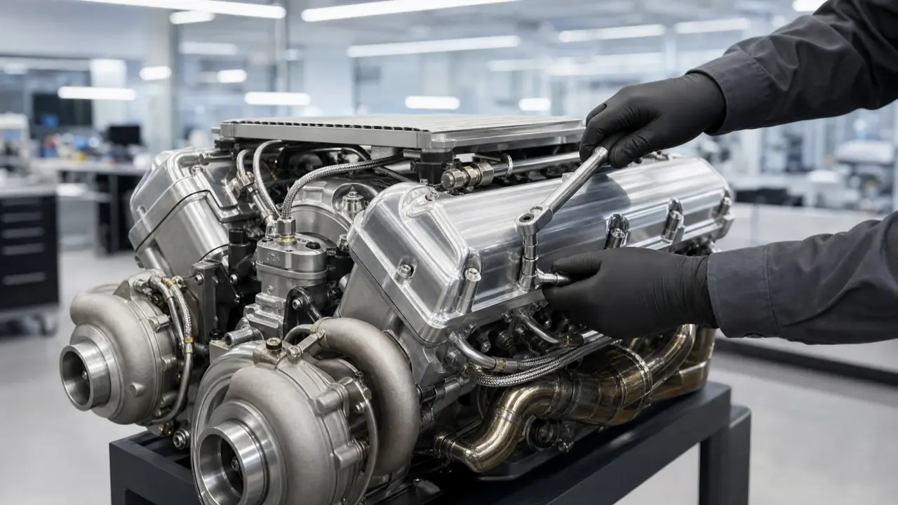 Руки в рукавичках затягують болт на двигуні V8 динамометричним ключем