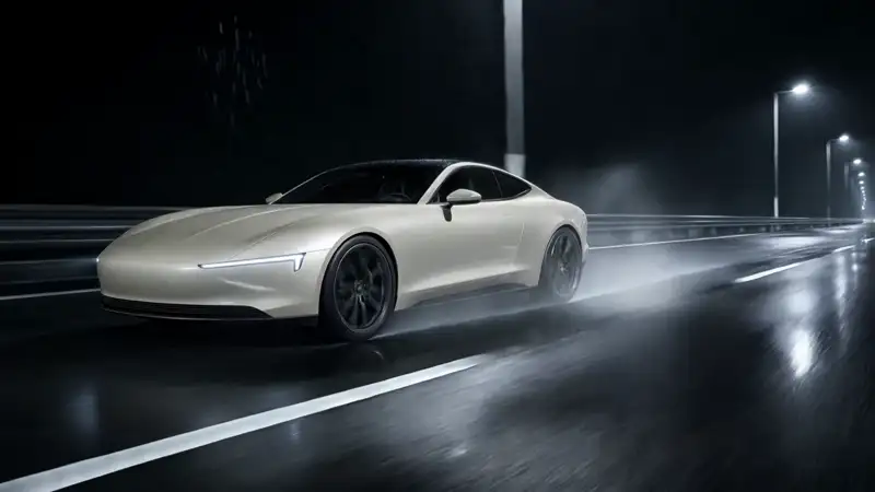 Altora Meridian кольору слонової кістки мчить нічною трасою під дощем