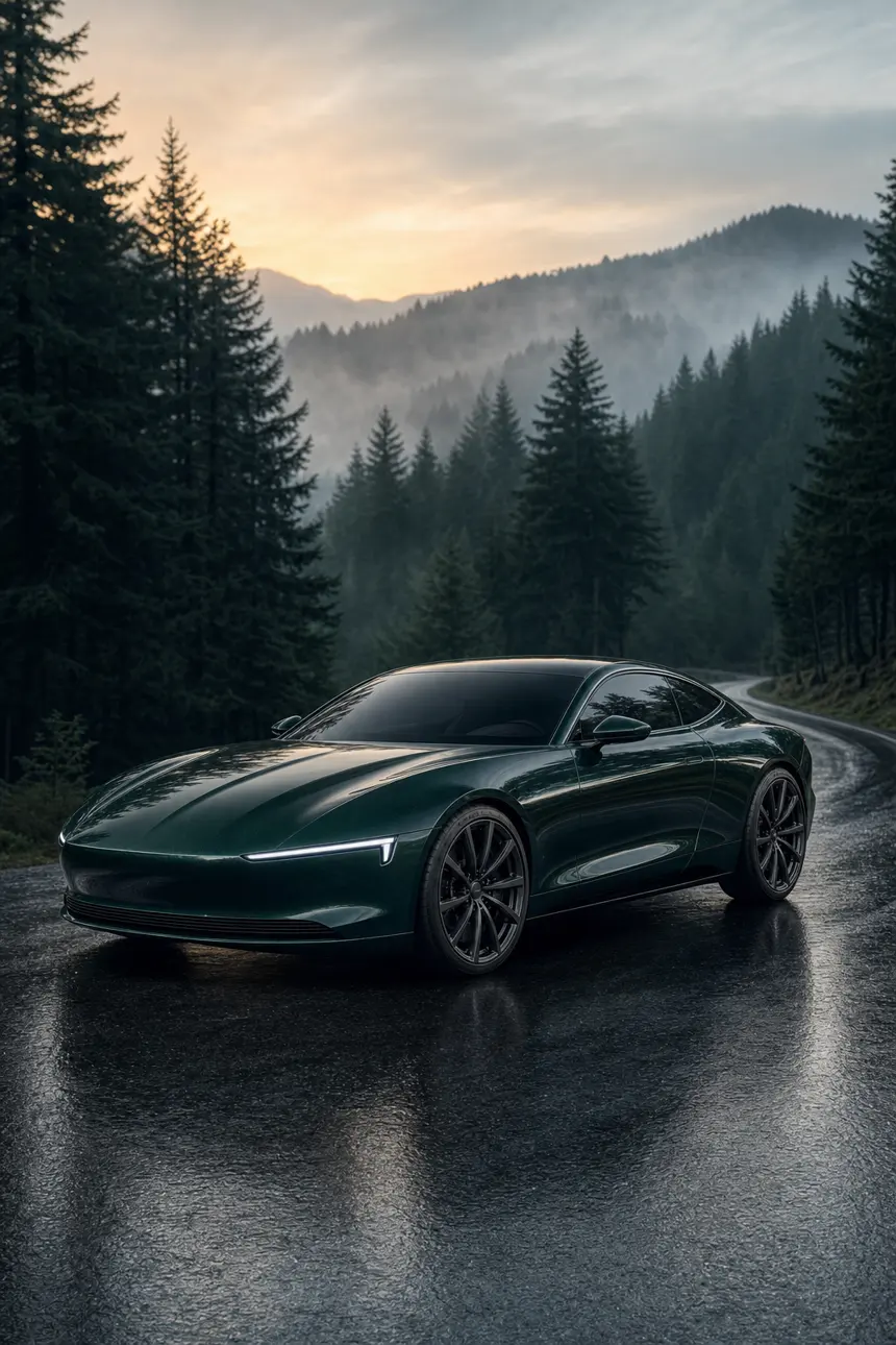 Meridian GT, зелене купе на лісовій карпатській дорозі на світанку