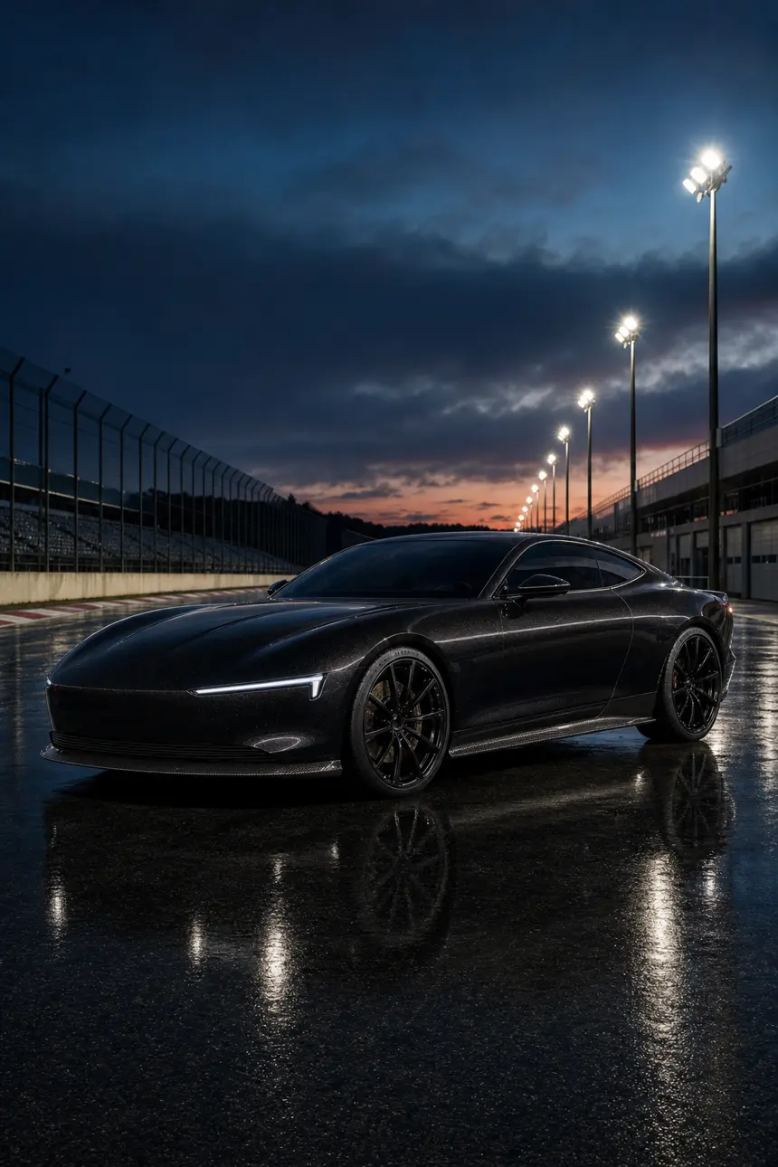 Meridian GT S, чорне купе з карбоновим обвісом на гоночному треку в сутінках